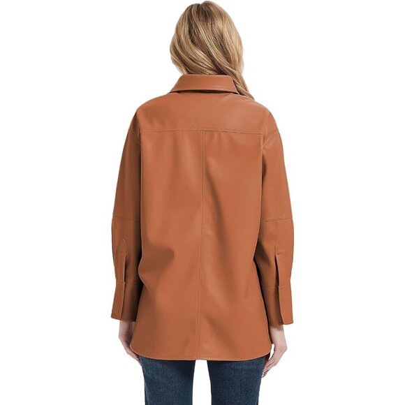 🆕 Women Brown Faux Leather Blazer Jackets Spring Fashion Vegan Button Down Coat - Picture 5 of 6